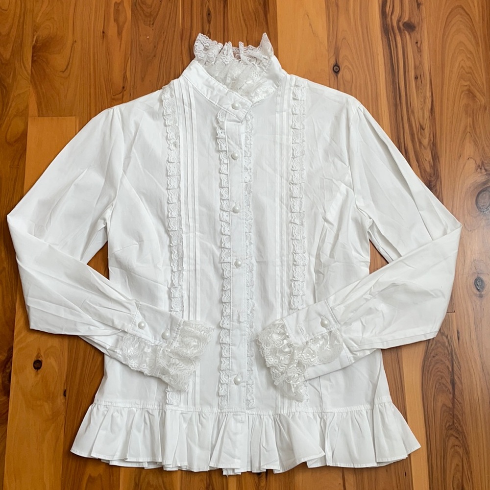 Antaina White Cotton Ruffle Lace Classical Victorian Lolita Shirt Blouse